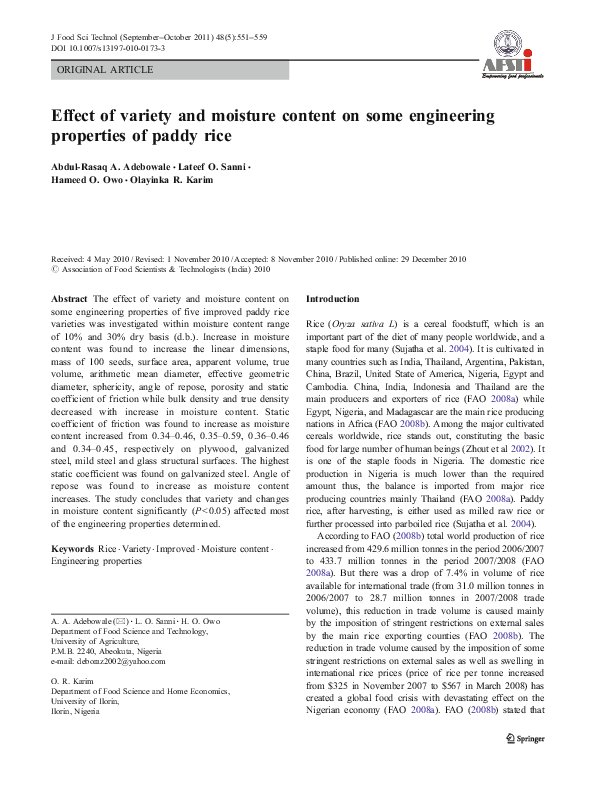 (PDF) Effect of variety and moisture content on some engineering ...