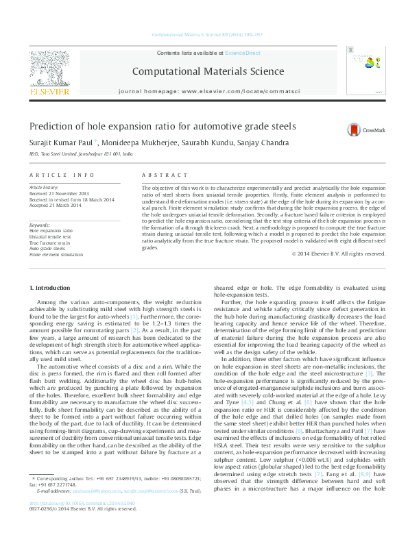 (PDF) Prediction of hole expansion ratio for automotive grade steels