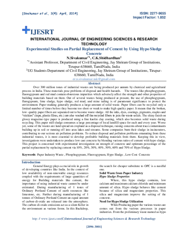 (PDF) Experimental Studies on Partial Replacement of Cement by Using ...