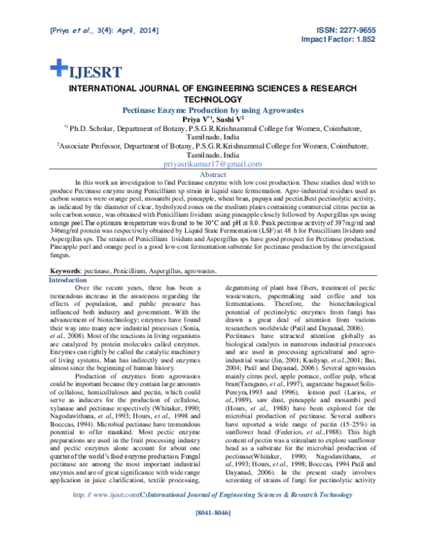 (PDF) Pectinase Enzyme Production by using Agrowastes. Ijesrt Journal