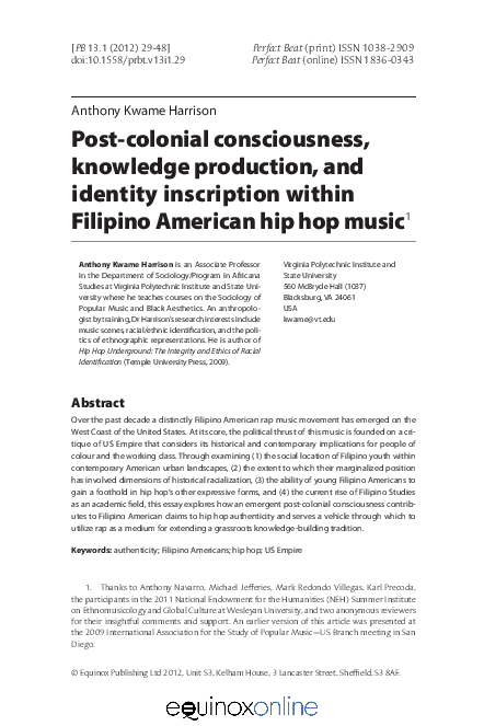 Pdf Postcolonial Consciousness Knowledge Production And Identity Inscription Within Filipino American Hip Hop Music Anthony Kwame Harrison Academia Edu