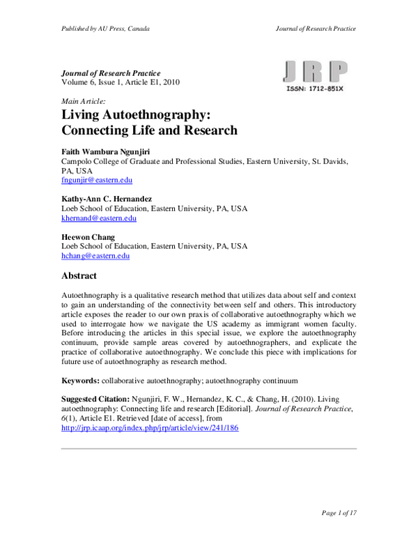 Living Autoethnography: Connecting Life and Research