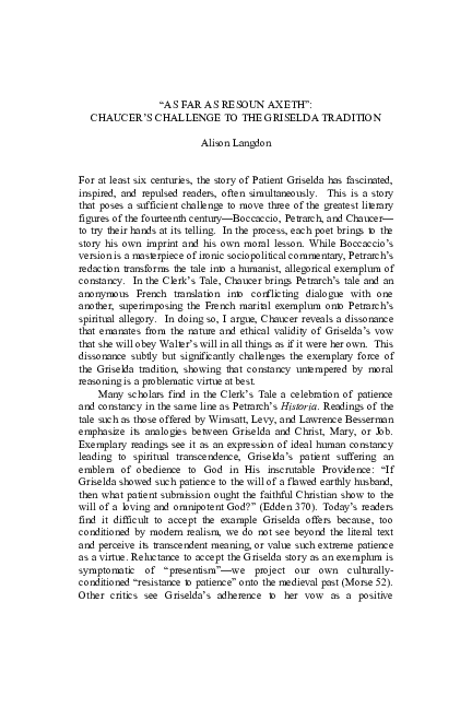 "As far as resoun axeth": Chaucer's Challenge to the Griselda Tradition