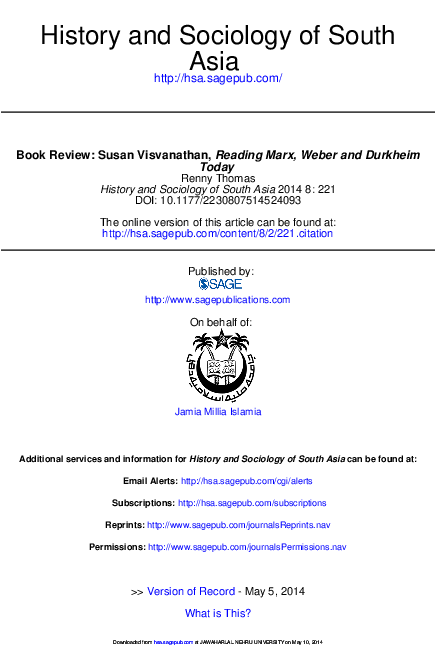 Review Reading Marx Weber And Durkheim Today History And Sociology Of South Asia Sage July 14 Renny Thomas Academia Edu