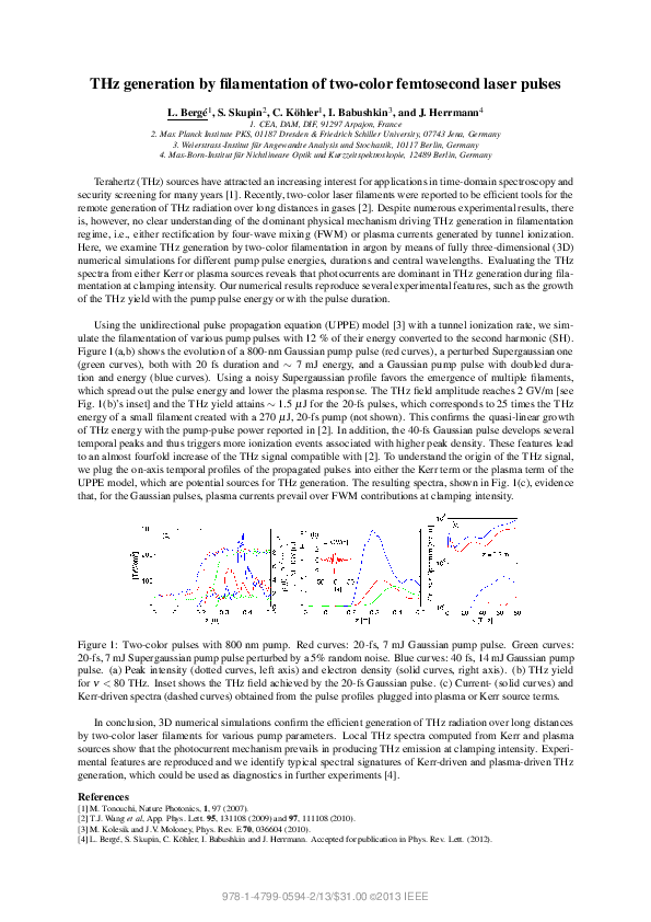(PDF) THz generation by filamentation of two-color femtosecond laser pulses