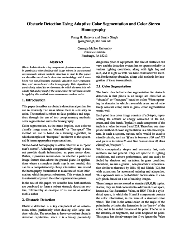 (PDF) Obstacle Detection Using Adaptive Color Segmentation and Color ...