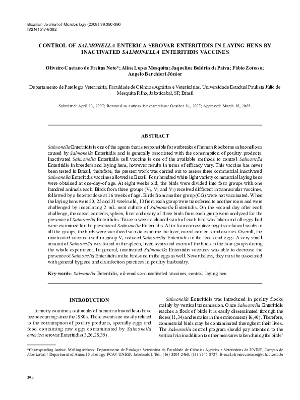 (PDF) Control of Salmonella enterica serovar Enteritidis in laying hens ...