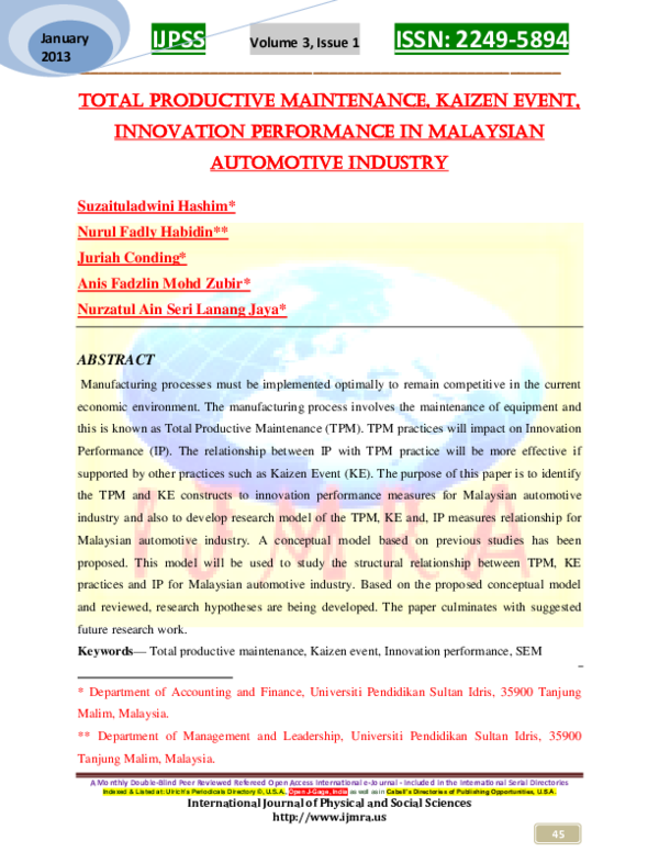 PDF) Total Productive Maintenance, Kaizen Event and Innovation 
