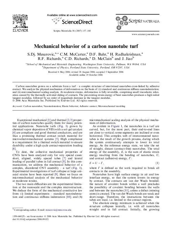 Pdf Mechanical Behavior Of A Carbon Nanotube Turf Sinisa Mesarovic And Harish Radhakrishnan Academia Edu