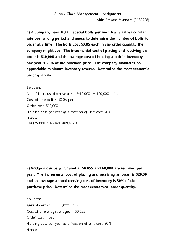 (DOC) Supply Chain Management – Assignment