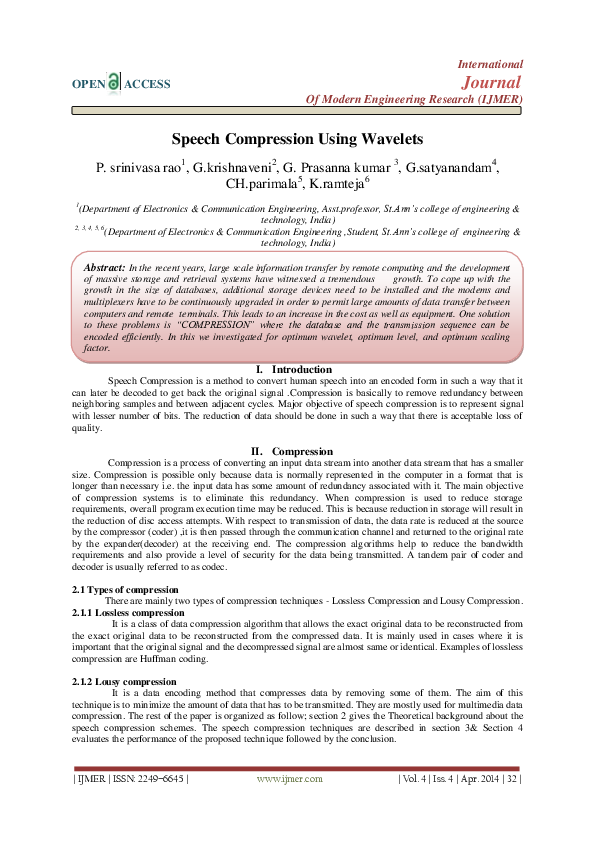 (PDF) Speech Compression Using Wavelets