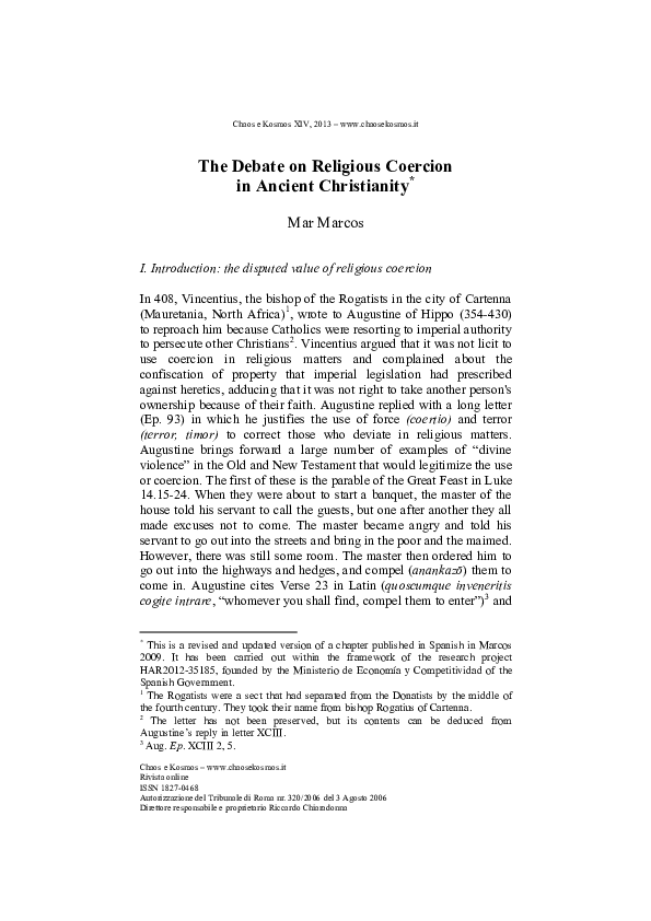 (PDF) The Debate on Religious Coercion in Ancient Christianity Mar