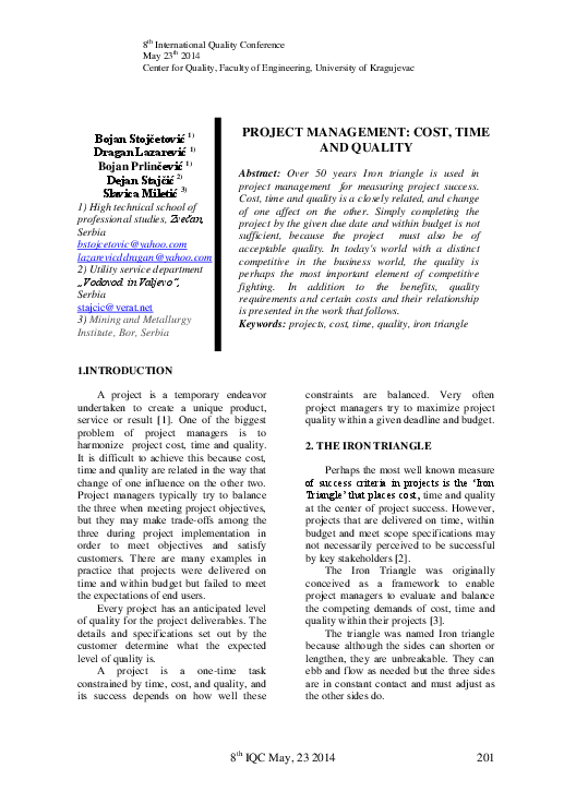 (PDF) Project management: cost, time and quality