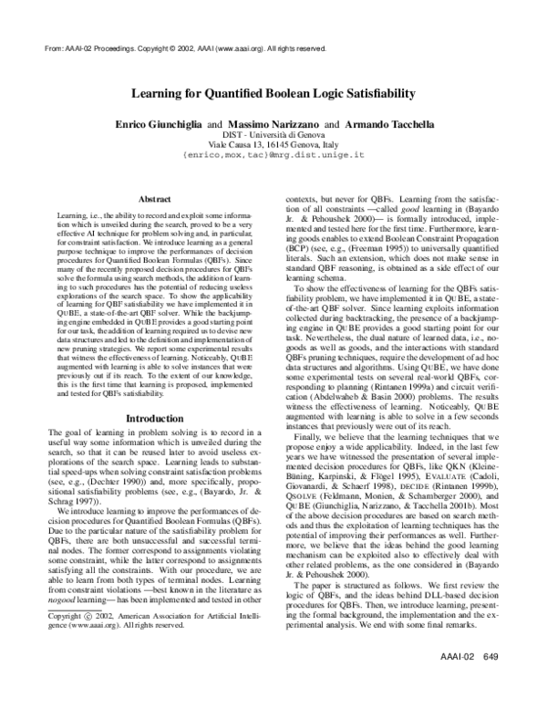 (PDF) Learning for Quantified Boolean Logic Satisfiability