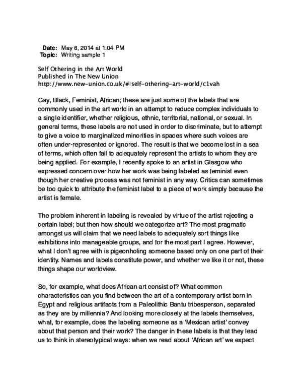 (PDF) Self Othering in the Art World