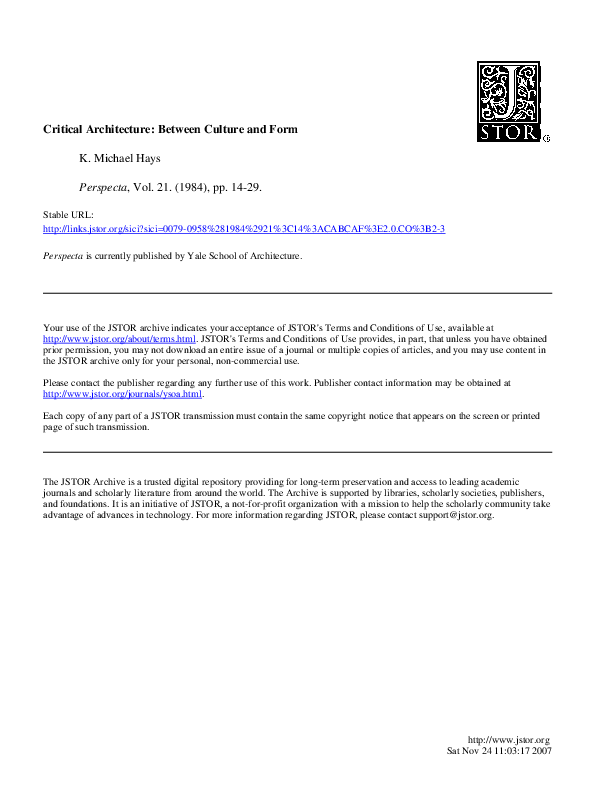 PDF) HAYS, K. Michael. Critical Architecture - Between Culture and 
