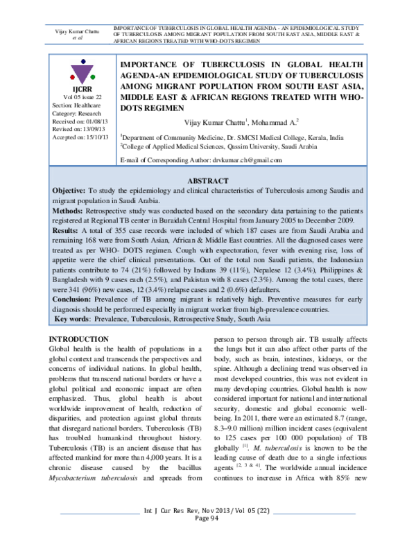 (PDF) Importance of Tuberculosis in Global Health agenda- An ...