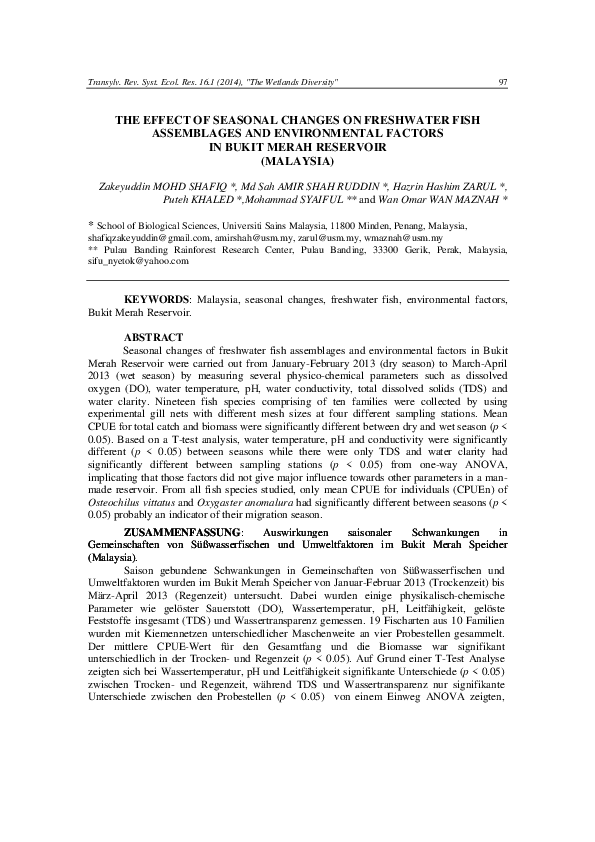 (PDF) THE EFFECT OF SEASONAL CHANGES ON FRESHWATER FISH ASSEMBLAGES AND ...