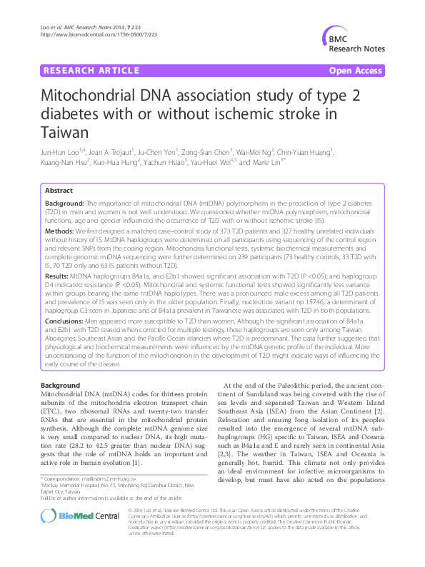 (PDF) Mitochondrial DNA association study of type 2 diabetes with or ...
