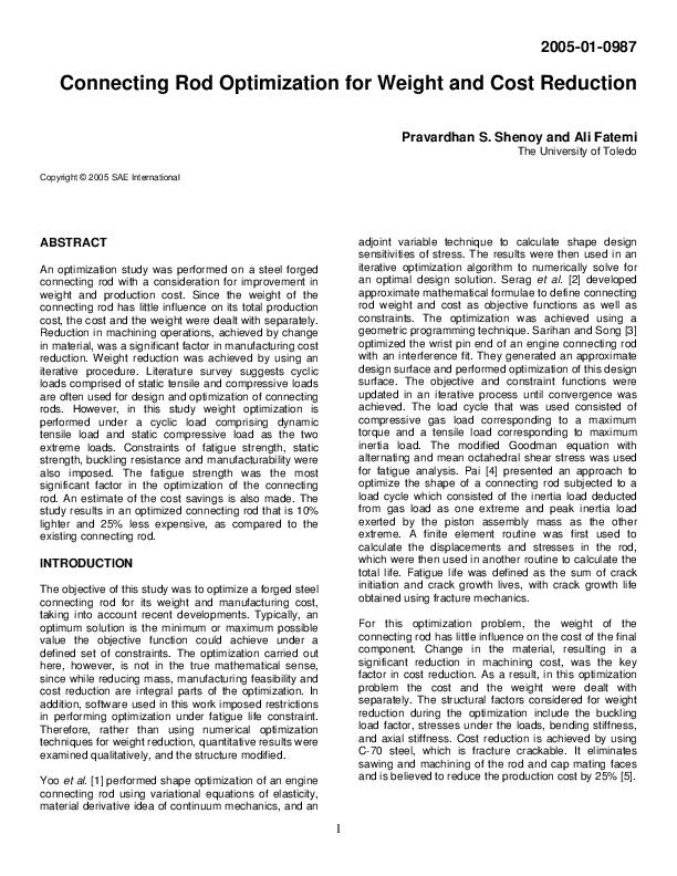 (PDF) Connecting Rod Optimization for Weight and Cost Reduction