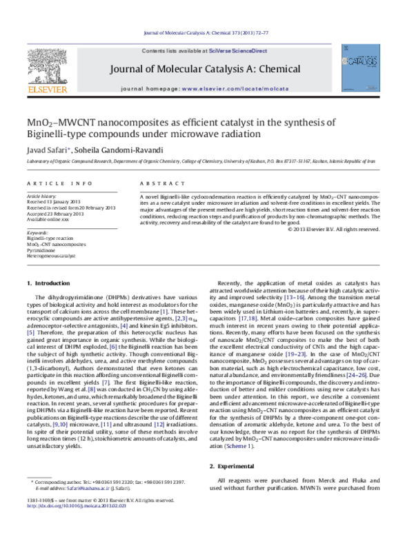 (PDF) MnO2–MWCNT nanocomposites as efficient catalyst in the synthesis ...