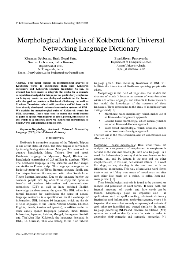 (PDF) Morphological Analysis of Kokborok for Universal Networking ...