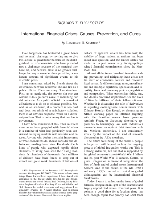 (PDF) International financial crises causes prevention and cures