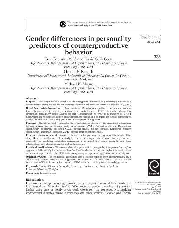 (PDF) Gender differences in personality predictors of counterproductive ...
