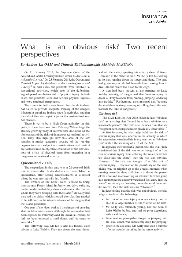 (PDF) What is an obvious risk? Two recent perspectives
