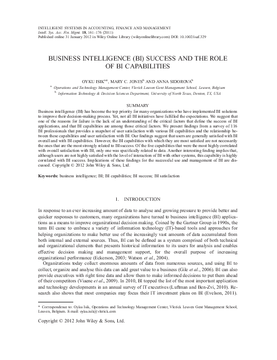 (PDF) BUSINESS INTELLIGENCE (BI) SUCCESS AND THE ROLE OF BI CAPABILITIES