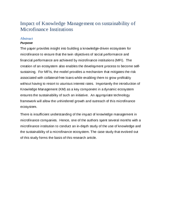 (DOC) Impact of Knowledge Management on sustainability of Microfinance ...