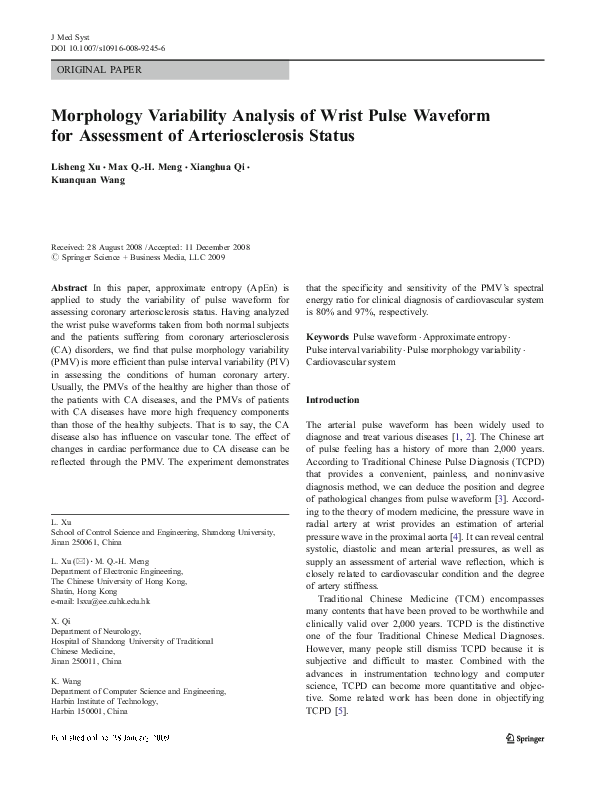 (PDF) Morphology Variability Analysis of Wrist Pulse Waveform for ...