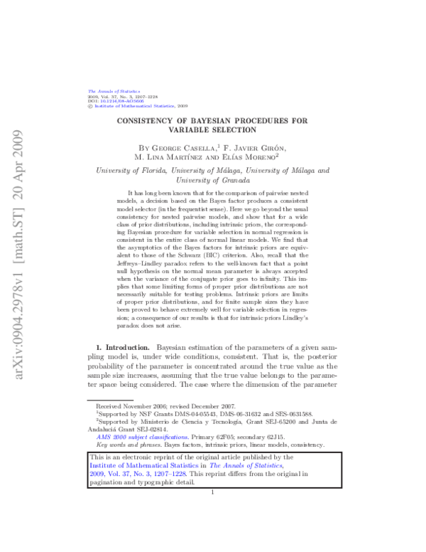 (PDF) Consistency of Bayesian procedures for variable selection