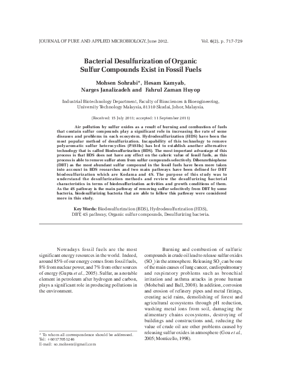 (PDF) Bacterial Desulfurization of Organic Sulfur Compounds Exist in ...