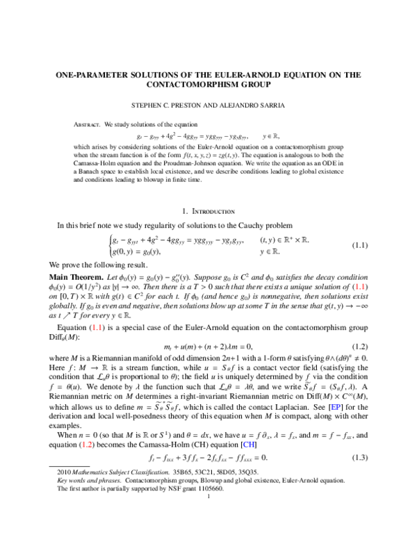(PDF) Oneparameter solutions of the EulerArnold equation on the