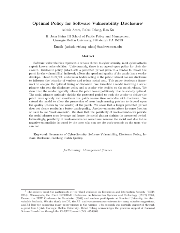 (PDF) Optimal Policy for Software Vulnerability Disclosure1