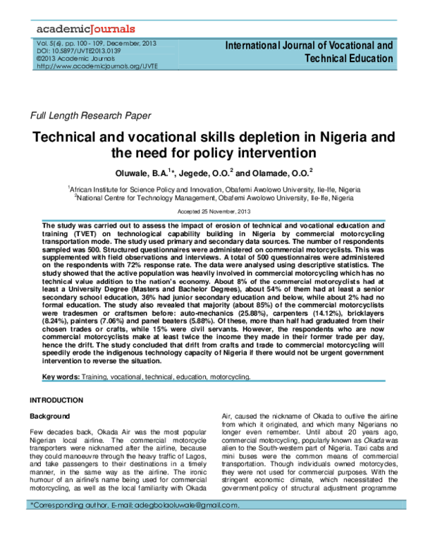 (PDF) Technical and Vocational Skills Depletion in Nigeria and the Need ...