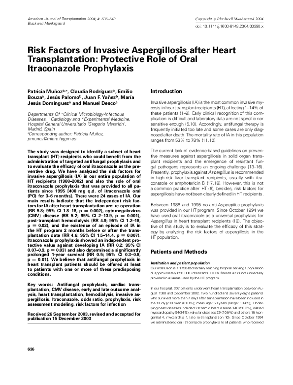 (PDF) Risk Factors of Invasive Aspergillosis after Heart