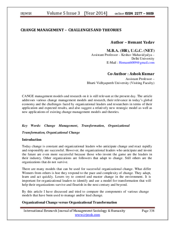 (PDF) CHANGE MANAGEMENT – CHALLENGES AND THEORIES