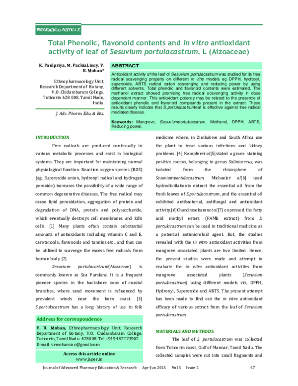 (PDF) Total Phenolic, flavonoid contents and in vitro antioxidant ...