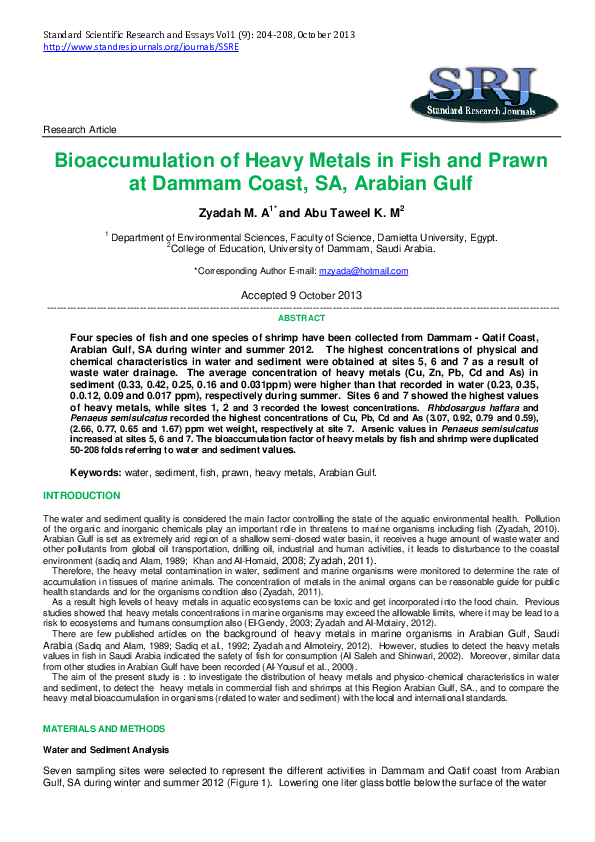 (PDF) Bioaccumulation of Heavy Metals in Fish and Prawn at Dammam Coast ...