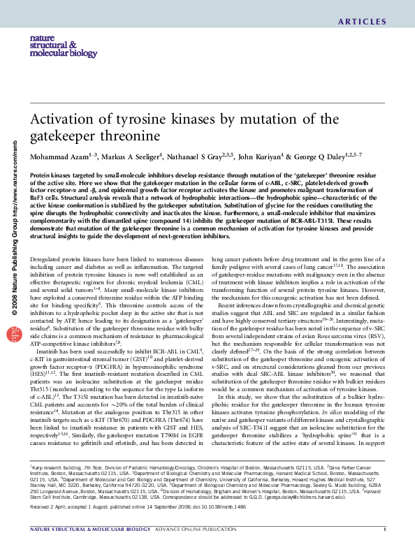 (PDF) Activation of tyrosine kinases by mutation of the gatekeeper ...
