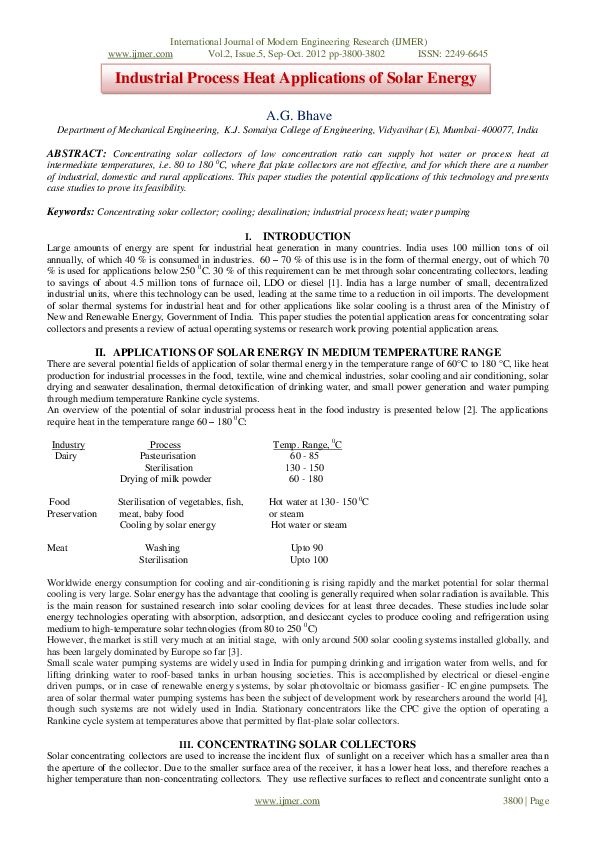 (PDF) Industrial process heat applications of solar energy