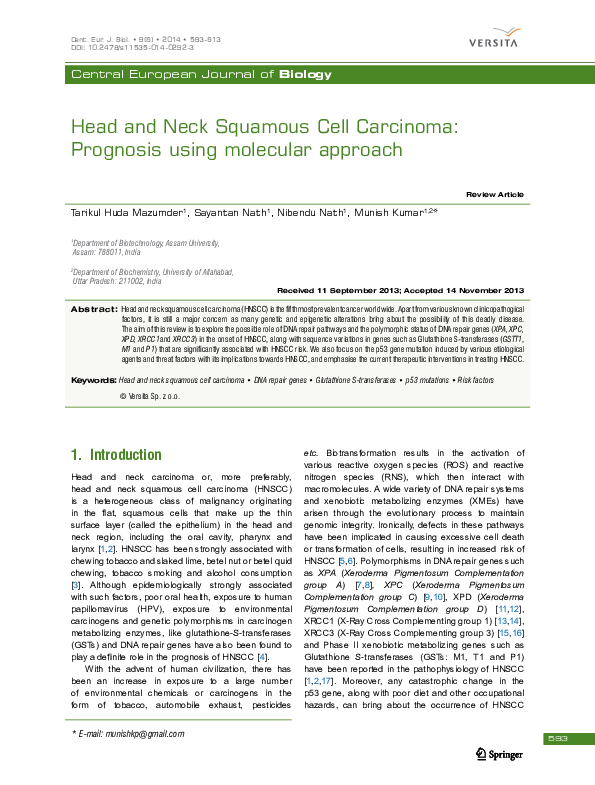 Pdf Head And Neck Squamous Cell Carcinoma Prognosis Using Molecular