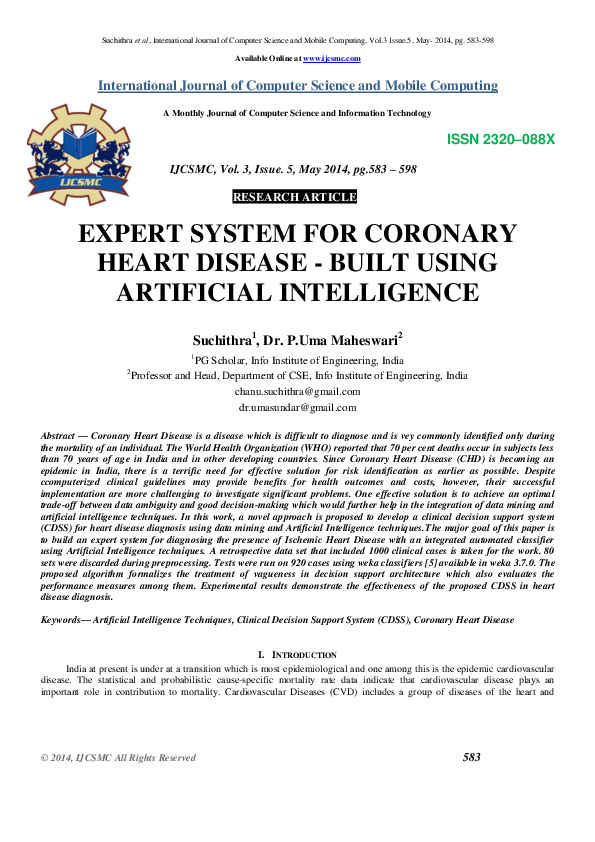 (PDF) EXPERT SYSTEM FOR CORONARY HEART DISEASE - BUILT USING ARTIFICIAL ...
