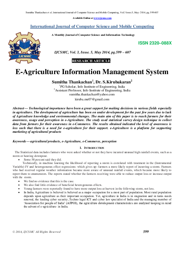 (PDF) EAgriculture Information Management System﻿ IJCSMC Journal