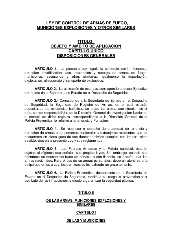 (PDF) LEY DE CONTROL DE ARMAS DE FUEGO, MUNICIONES EXPLOSIONES Y OTROS SIMILARES TITULO I OBJETO