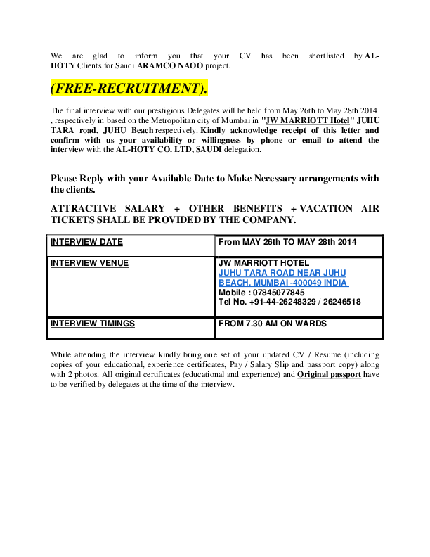  DOC We Are Glad To Inform You That Your CV Has Been Shortlisted By 