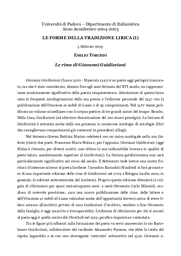 (PDF) EMILIO TORCHIO, Le rime di Giovanni Guidiccioni, in 'Le forme