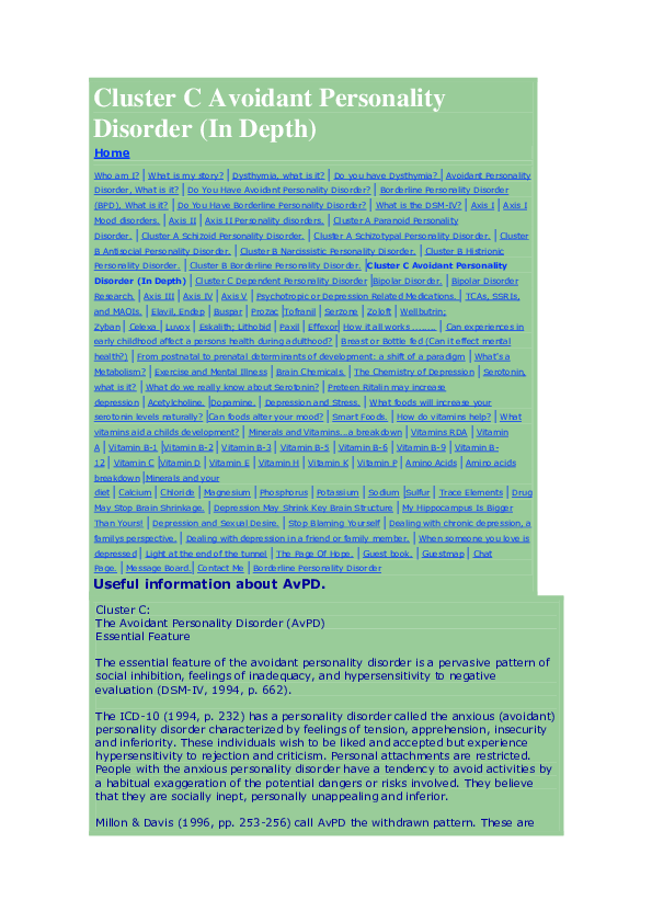 Doc Cluster C Avoidant Personality Disorder Joan Tal Academia Edu